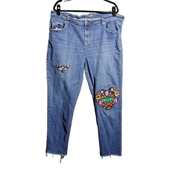 Womens 18 UPCYCLED Flowers‎ Boho Bug Punk Tall Boyfriend Straight Leg Blue Jeans - Picture 1 of 10
